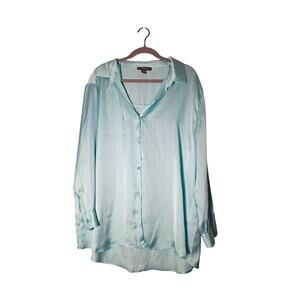 Women's 1X Silky Shirt Classic Button Up Sleek Oversized Blue Blouse GorpCore